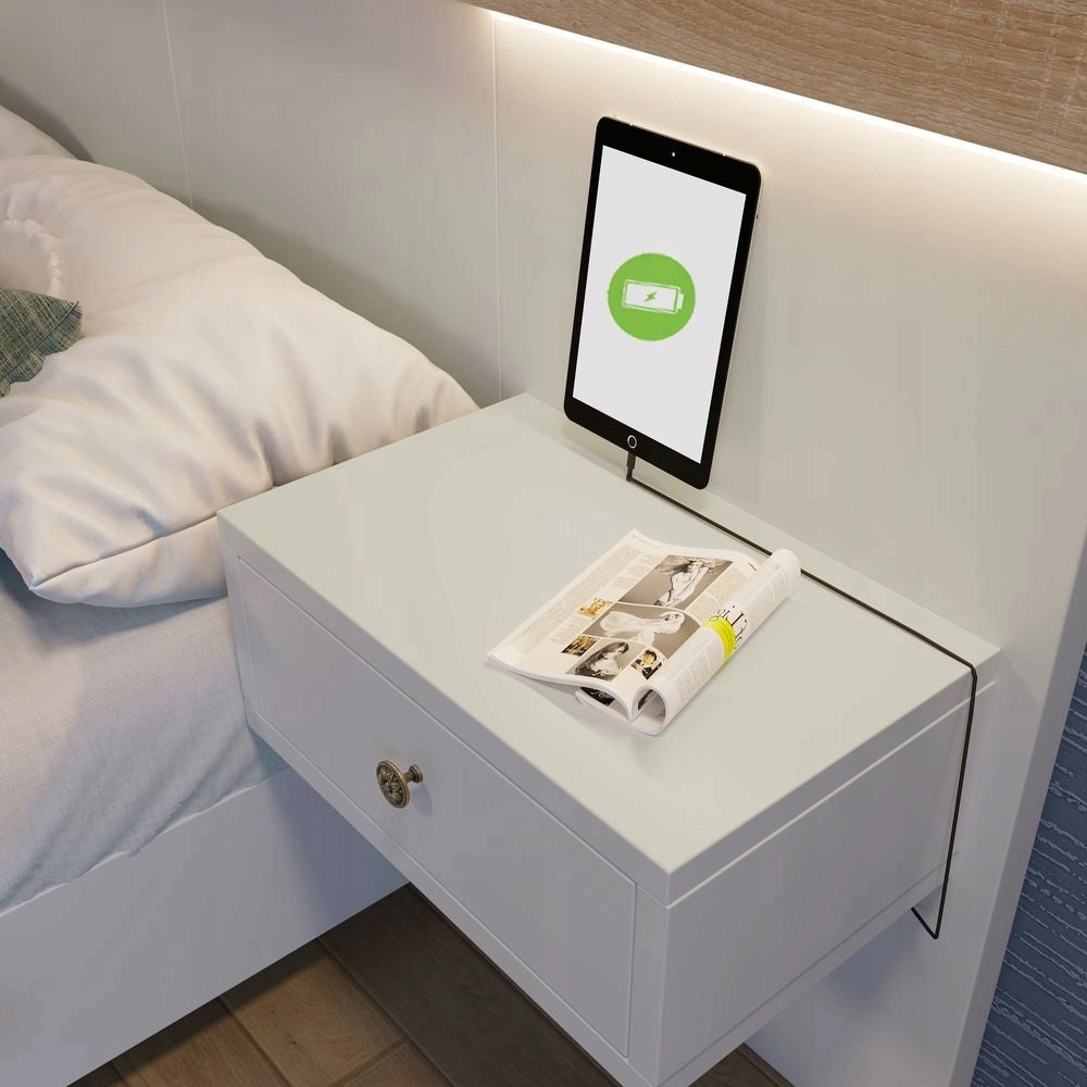 Letto matrimoniale - Xylo - 180x200cm - Bianco rovere - 2 comodini LED USB