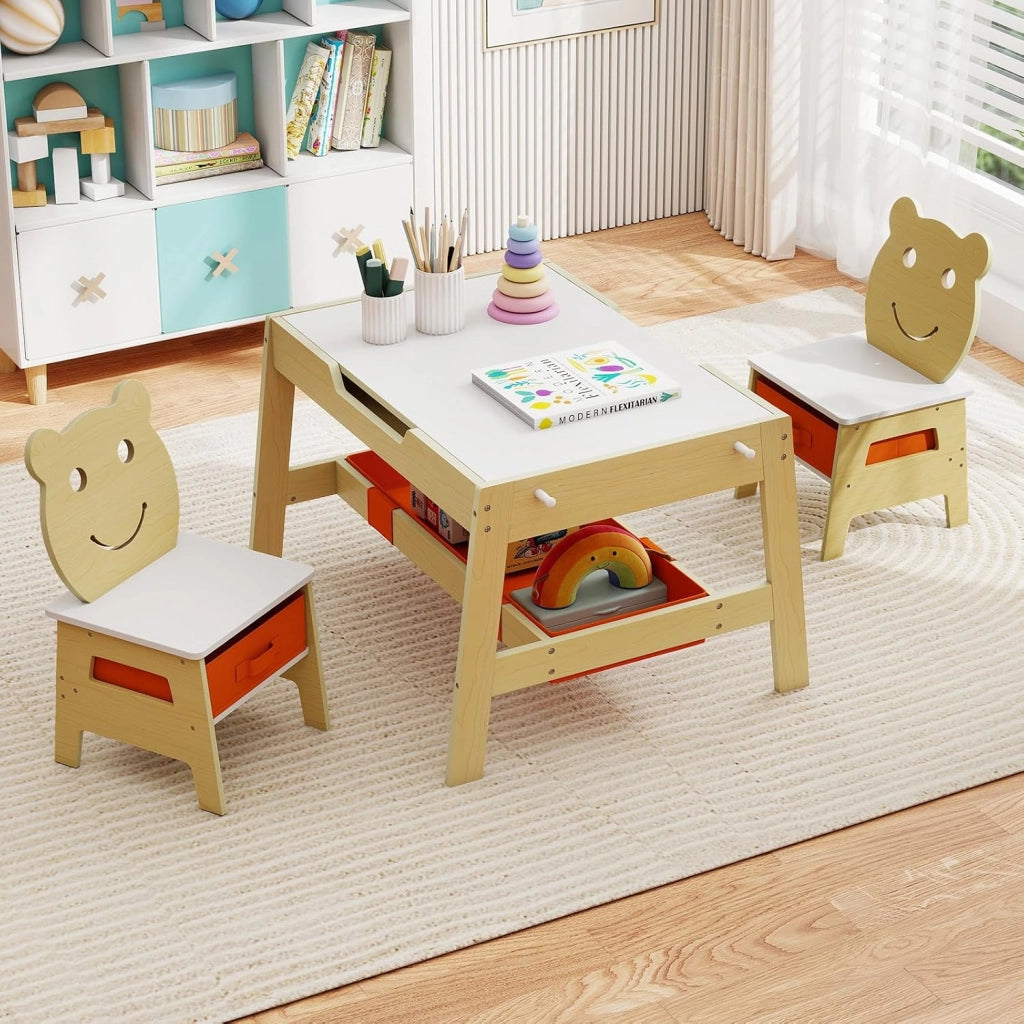 Set Tavolo e 2 Sedie per Bambini, 5 in 1 Tavolino e Sedie con 4 Ganci, 3 Scatole in Tessuto e Lavagna Reversibile per Bambini 3+ Anni per Cameretta Ragazzi (Naturale, Stile 4)