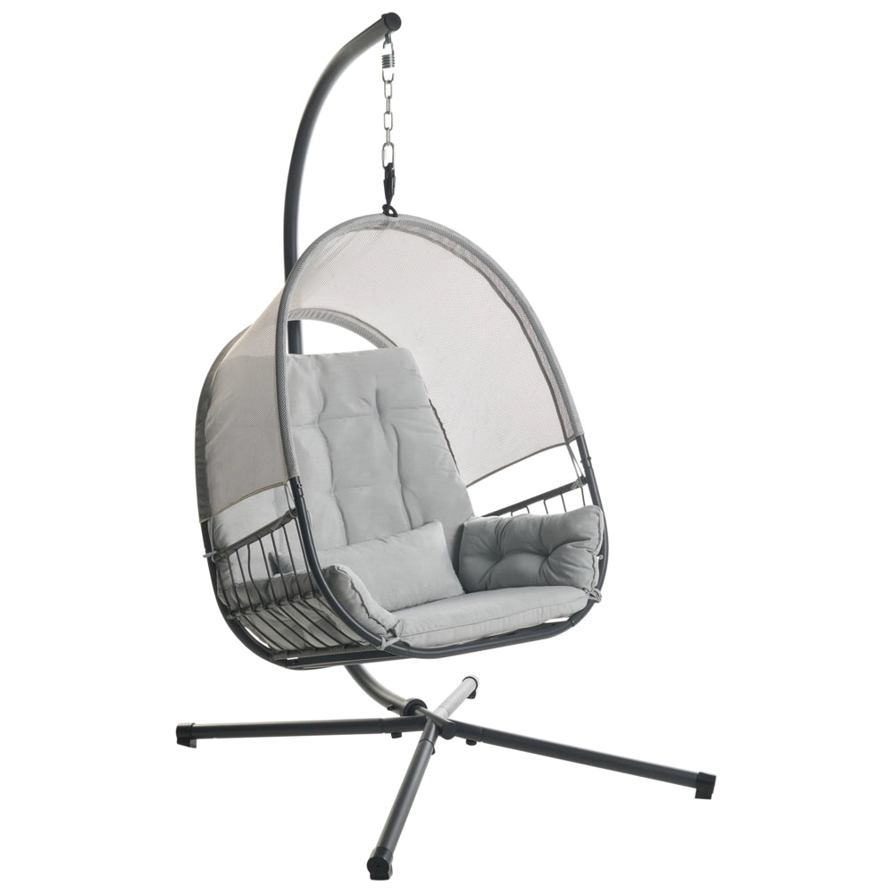 Sedia a dondolo sospesa Grigio chiaro Supporto metallico in corda Cuscino morbido per seduta Boho Rustico Soggiorno Terrazza
