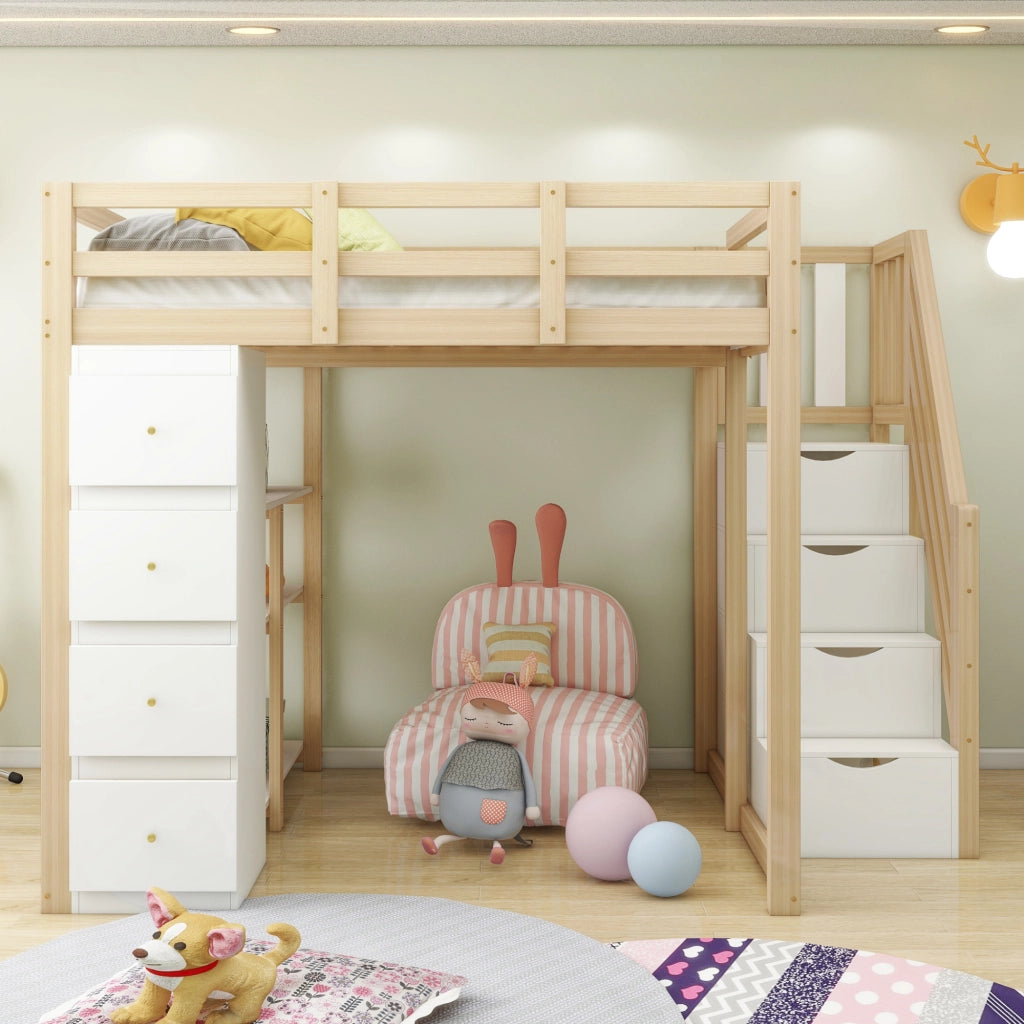 OKWISH Letto a Soppalco 140×200 cm, Letto Matrimoniale con 4 Cassetti, Scala con Cassetti e Mensole, senza Materasso, Naturale e Bianco