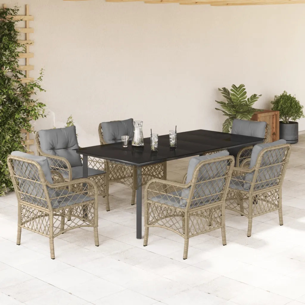 Set Pranzo da Giardino 7 pz con Cuscini Beige Misto Polyrattan
