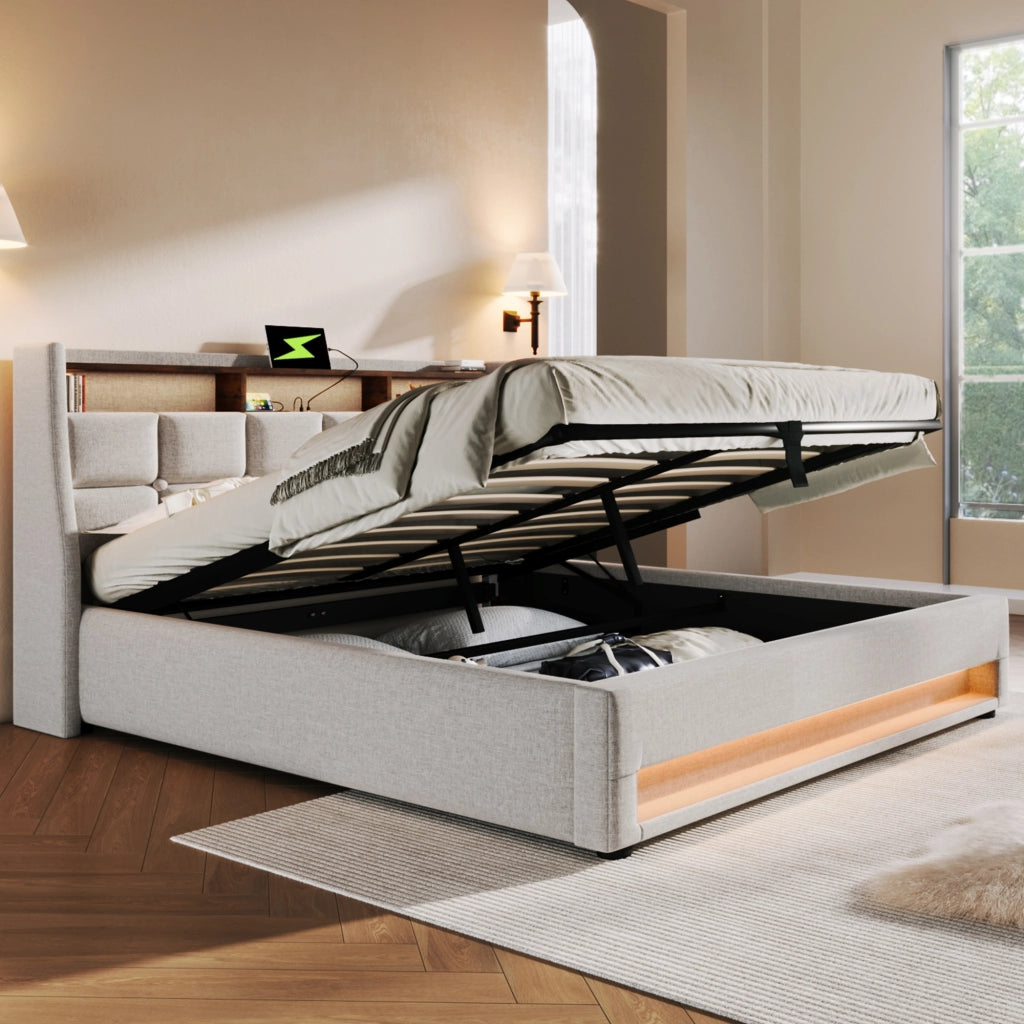 Letti contenitori 180x200 cm; LED e USB; lino; beige chiaro (Senza materasso)