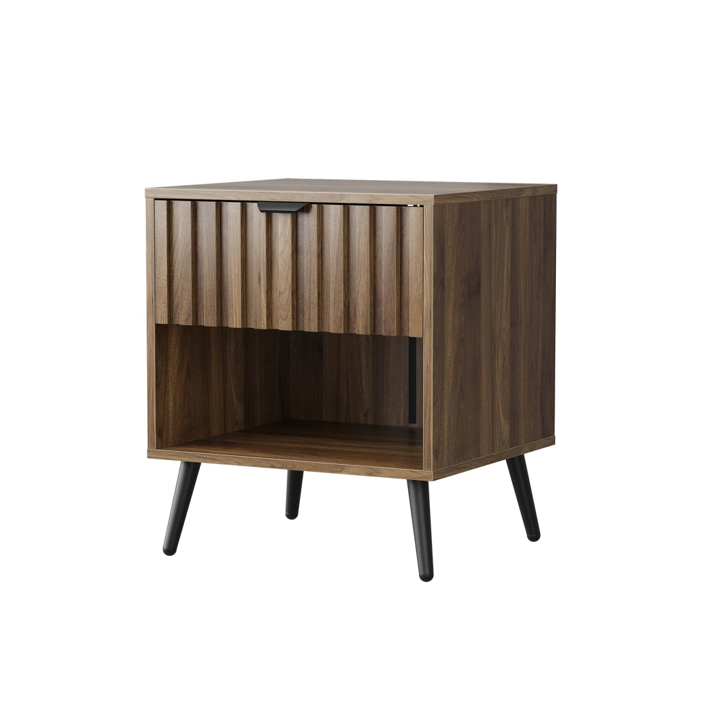 Comodino moderno in MDF con cassetto e vano aperto, colore noce, 45 x 40 x 53 cm