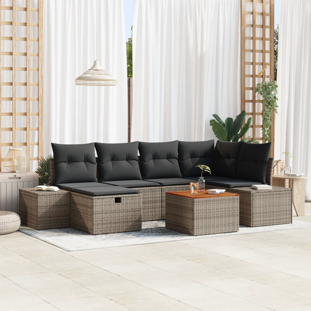 Set di divano da giardino 7 pezzi con cuscini grigio in polyrattan