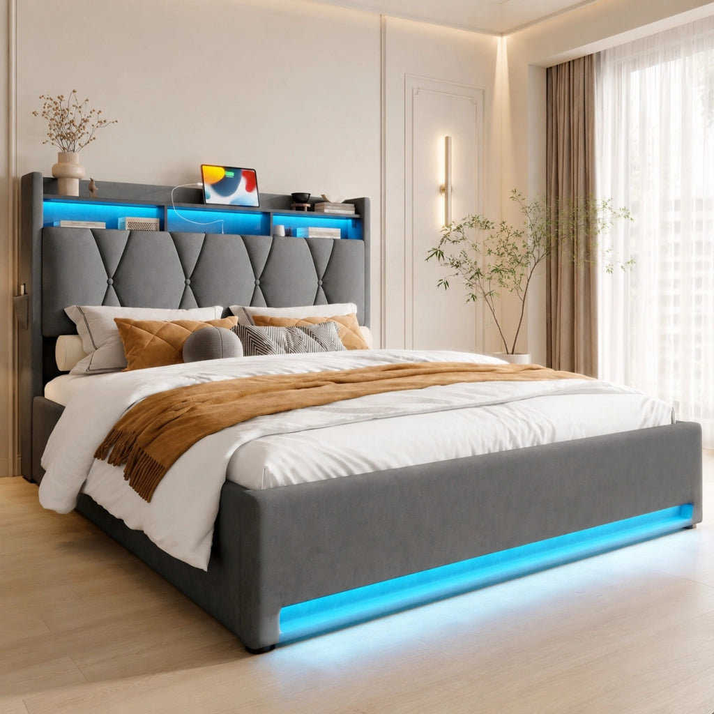 LETTO Imbottito 160x200 cm in velluto grigio con LED, USB e vano contenitore
