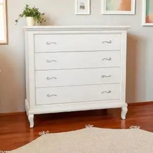 Comò aria in legno massiccio Shabby chic bianco anticato 4 cassetti