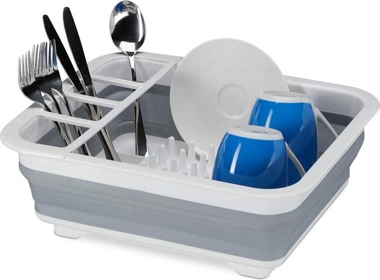 Afdruiprek opvougbile per servizio e posate con asciugamano - cucina e campeggio - silicone plastica bianco-grigio