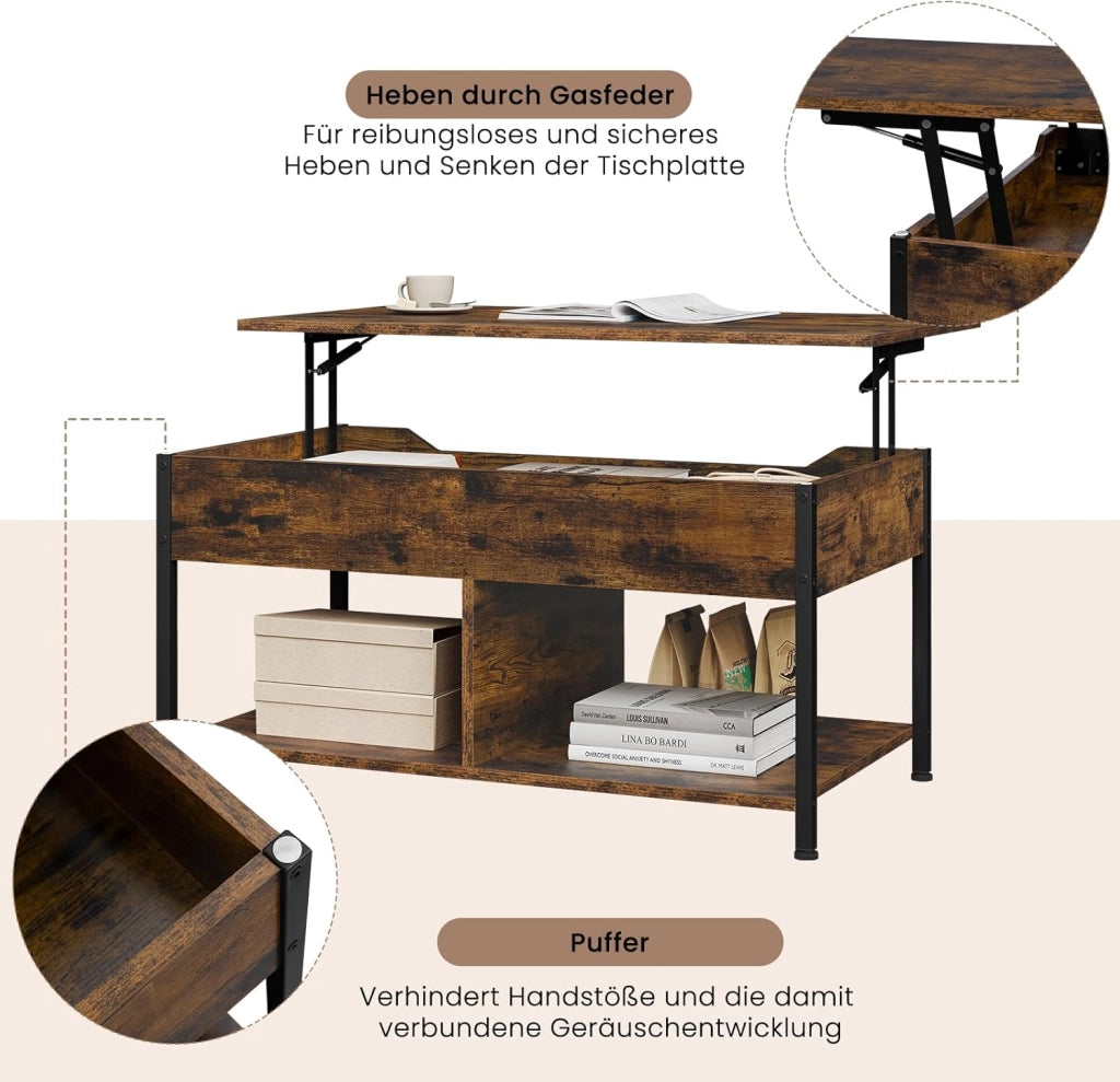 Tavolino da Caffè Sollevabile, Tavolino da Divano con Scomparto Nascosto e Aperto, Tavolino da Salotto Industriale, 90x50x(45-60) cm, Marrone Rustico, BTS15vbn
