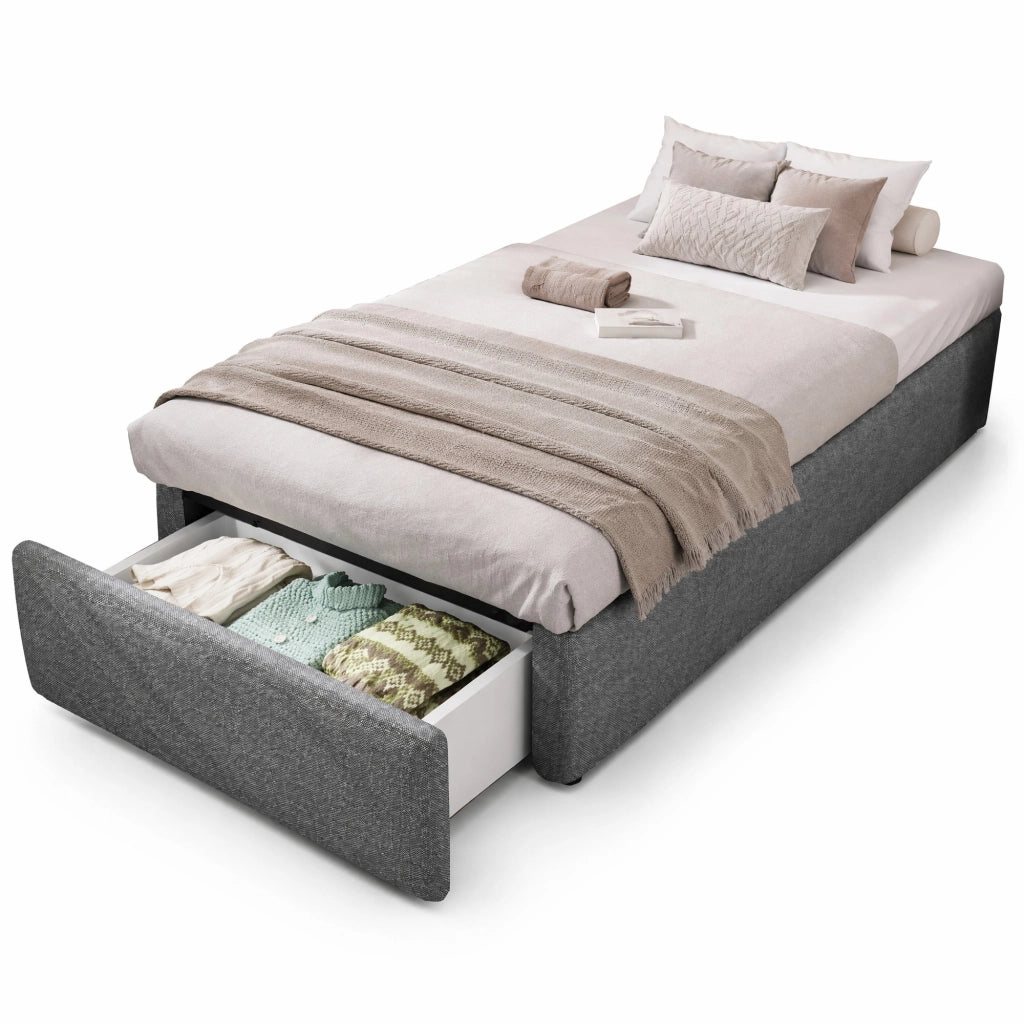 Letto imbottito 90x200 cm senza testiera; con contenitore idraulico e cassetto; grigio