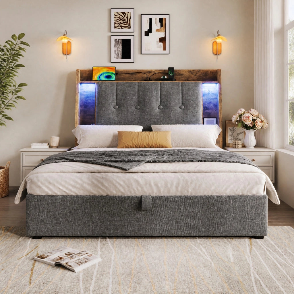 Letto imbottito 90x200 cm con contenitore; USB e Tipo C; LED; lino grigio