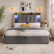 Letto imbottito 90x200 cm con contenitore; USB e Tipo C; LED; lino grigio