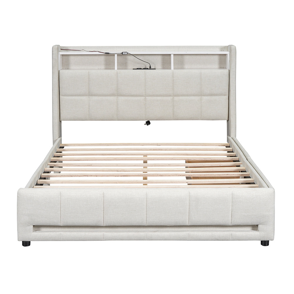 Letto con cassetti - Xylo - 140x200 cm - Lino Beige - Luci ambientali telecomando USB