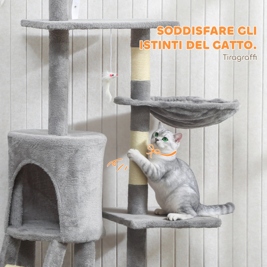 Torre per Gatti con Casetta. Trespolo. Piattaforme e 4 Topolini. in Legno. Peluche e Sisal. 60x35x134 cm. Grigio