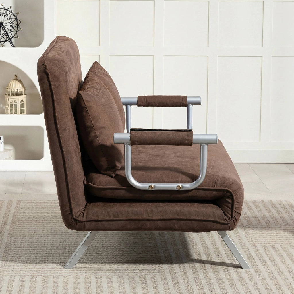 Divano Letto 2 Posti 111x80x78 cm Schienale Regolabile e 2 Cuscini in Finta Pelle Scamosciata Marrone