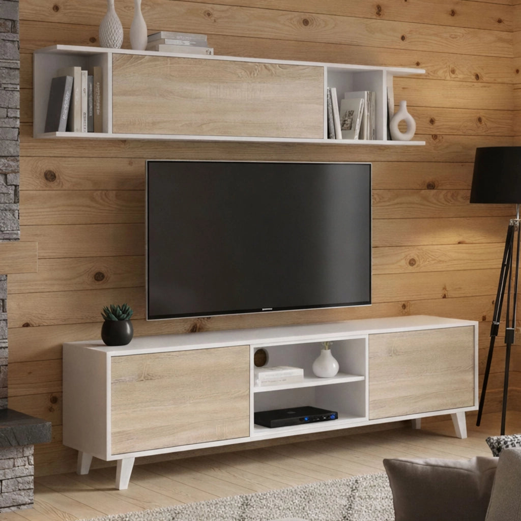 Parete attrezzata Aslan, Mobile da soggiorno porta TV, Composizione per salotto con pensile, cm 180x41h51, Bianco e Rovere