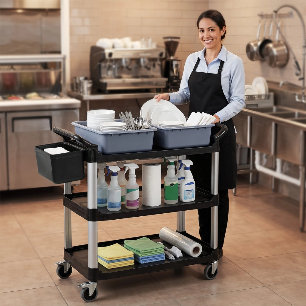 Carrello per Pulizie con 3 Ripiani 2 Contenitori e Secchio Laterale ¨C zephmum ¨C Nero 100 kg