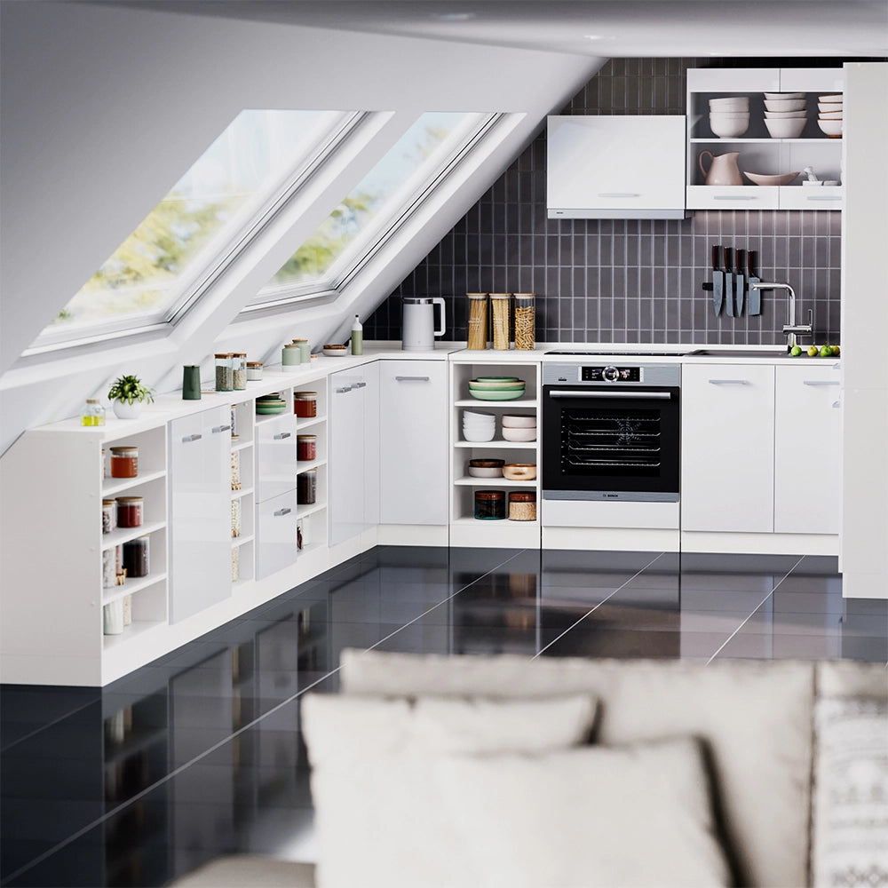Mobile cucina sottotetto R-Line Bianco lucido/Bianco 80 cm con 2 porte, carcassa 60 cm profondità Vicco