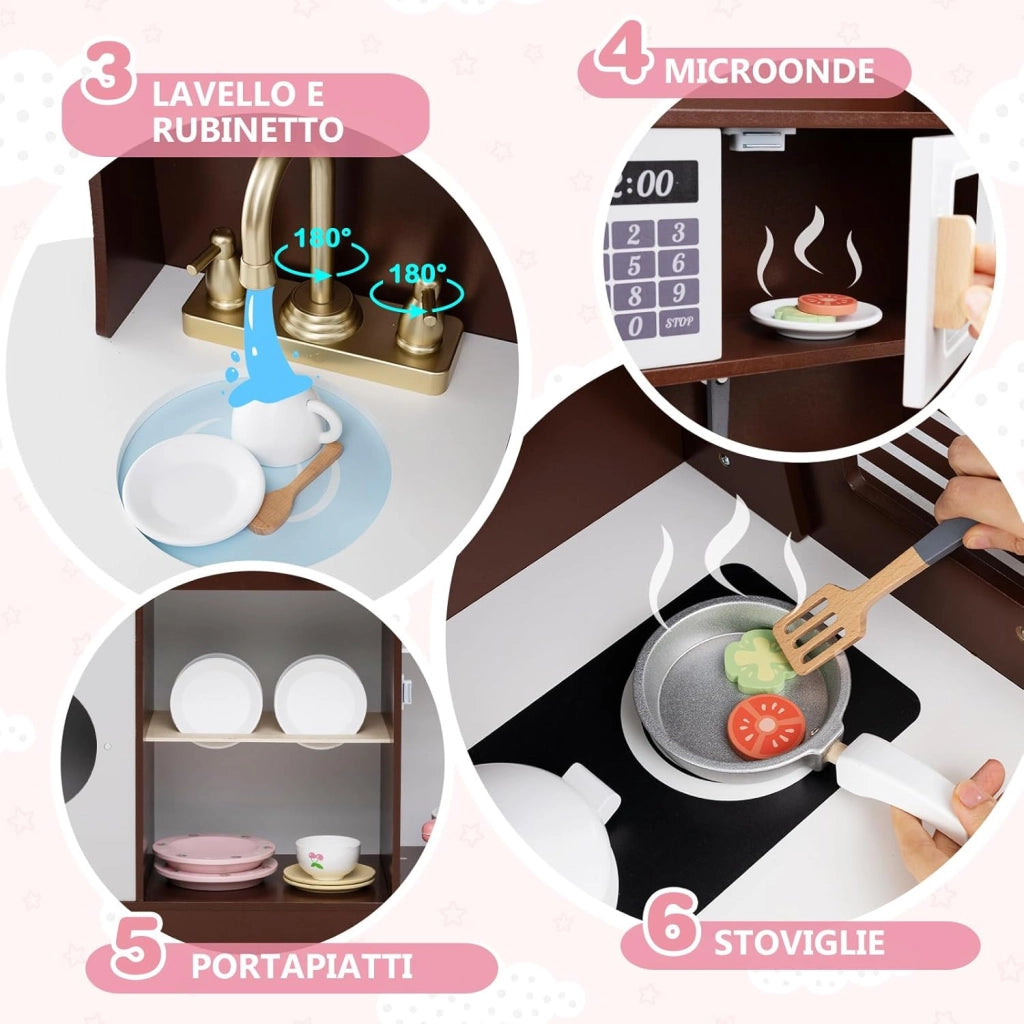 Cucina Giocattolo con Macchina da Caffè e del Ghiaccio, Cucina per Bambini in Legno con Lavatrice, Microonde, Fornelli e Lavandino, Set Cucina con 27 Accessori, 106 x 30 x 105 cm (Marrone)