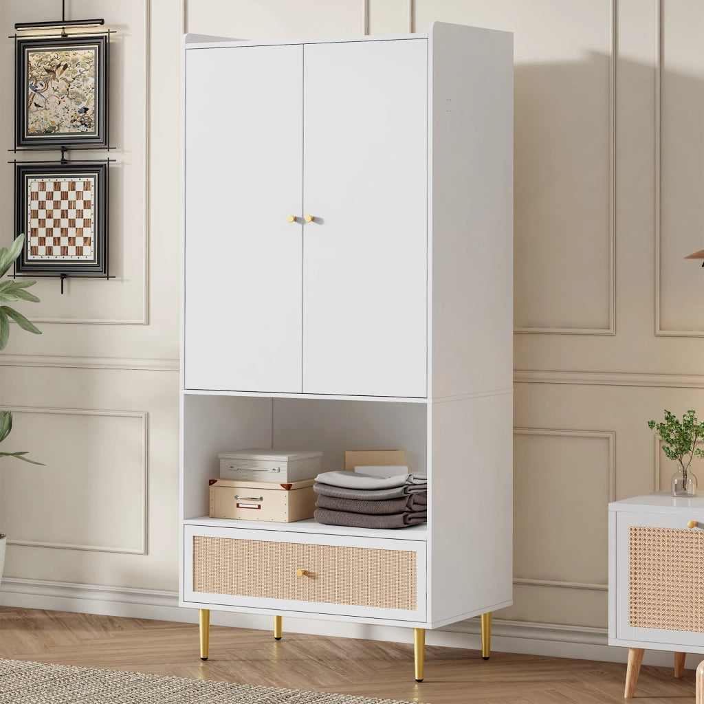 Armadio a 2 ante con cassetto in effetto rattan, barra appendiabiti e ripiano aperto, colore bianco/naturale, 80x48x175 cm