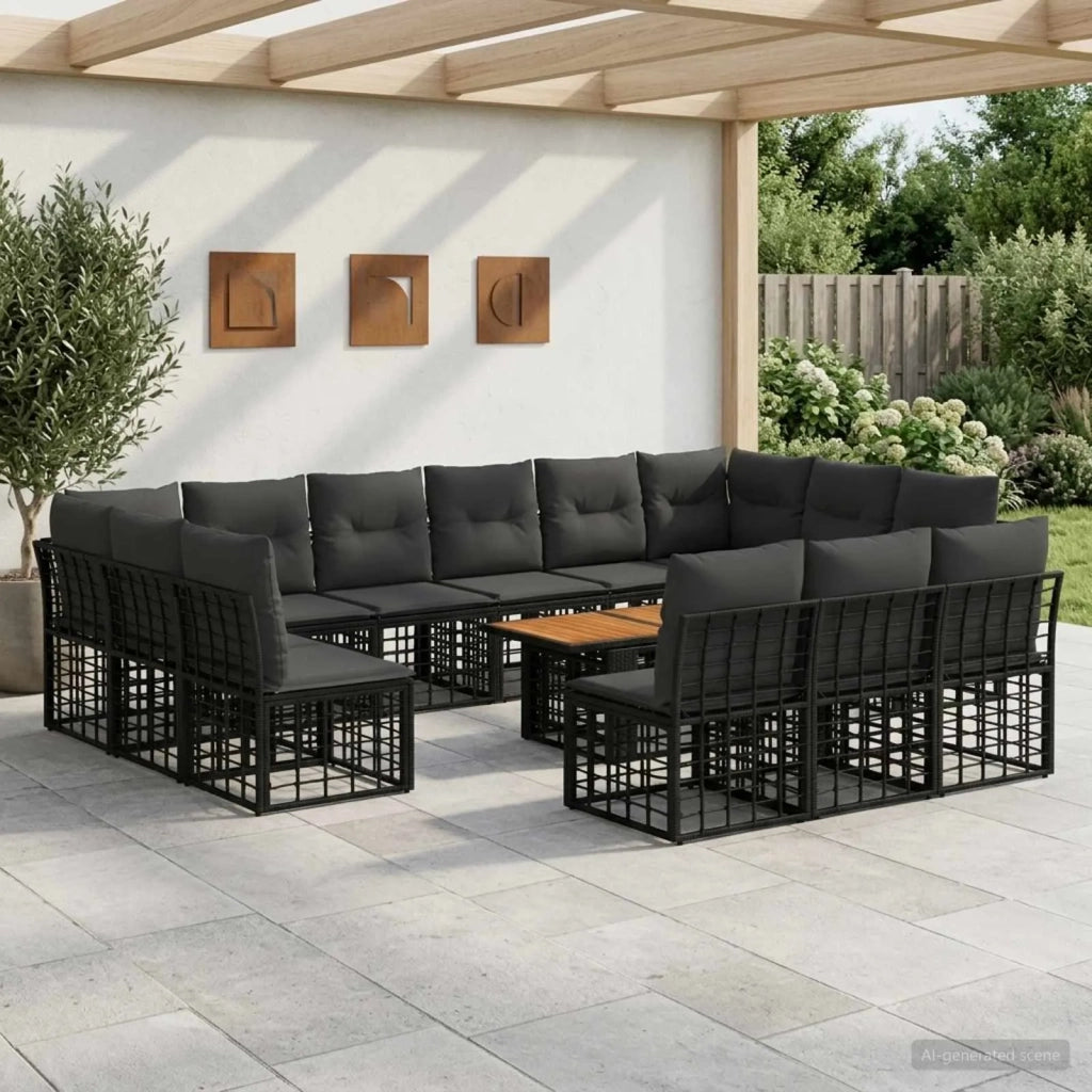 Set Divano da Giardino 14 pz Nero e Grigio scuro polyrattan 3437917