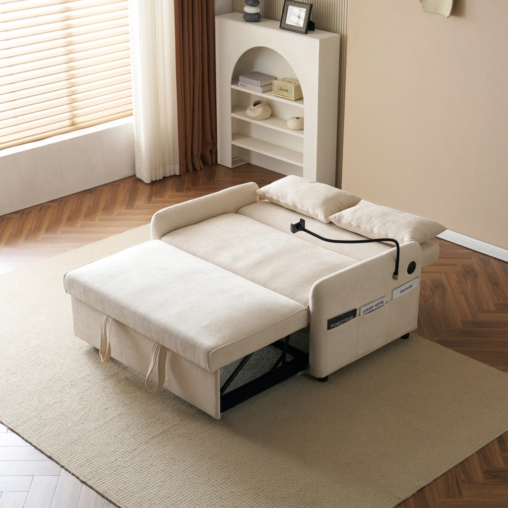 Divano letto 2 posti estraibile con schienale regolabile; USB e porta telefono; beige