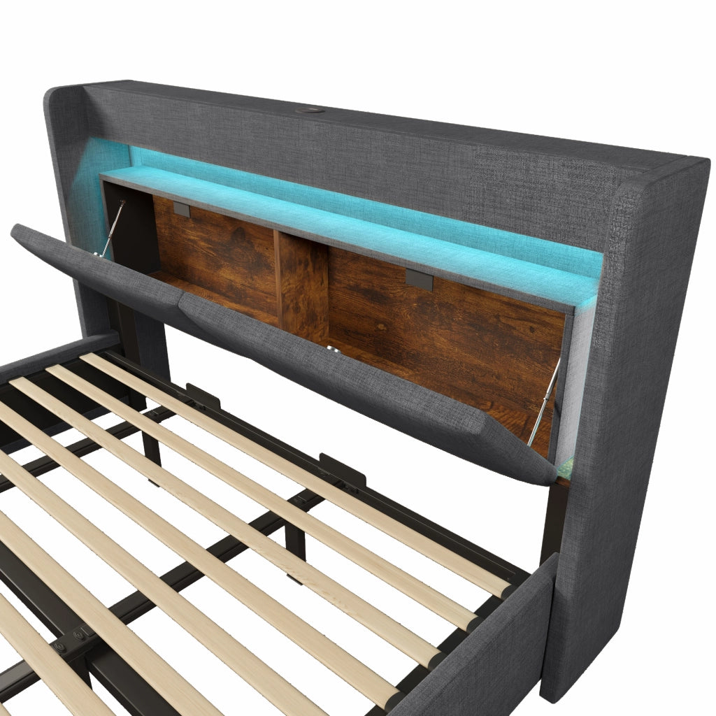 Letti contenitori 180x200 cm con contenitore idraulico; testiera con USB e USB-C; lino grigio (Senza materasso)