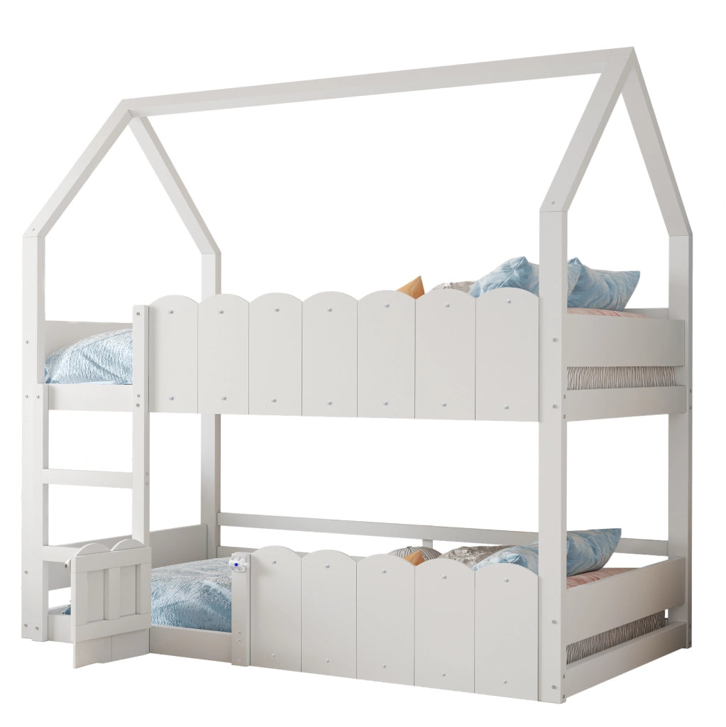 Letto a castello ULEVR 90x200 cm a forma di casa con scala frontale e sponde di sicurezza, bianco