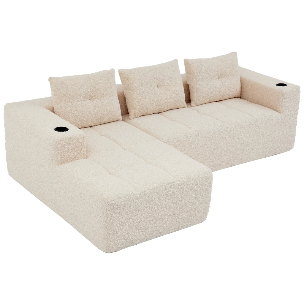 Divano ad angolo 4-5 posti con portabicchieri in poliestere beige 258 cm