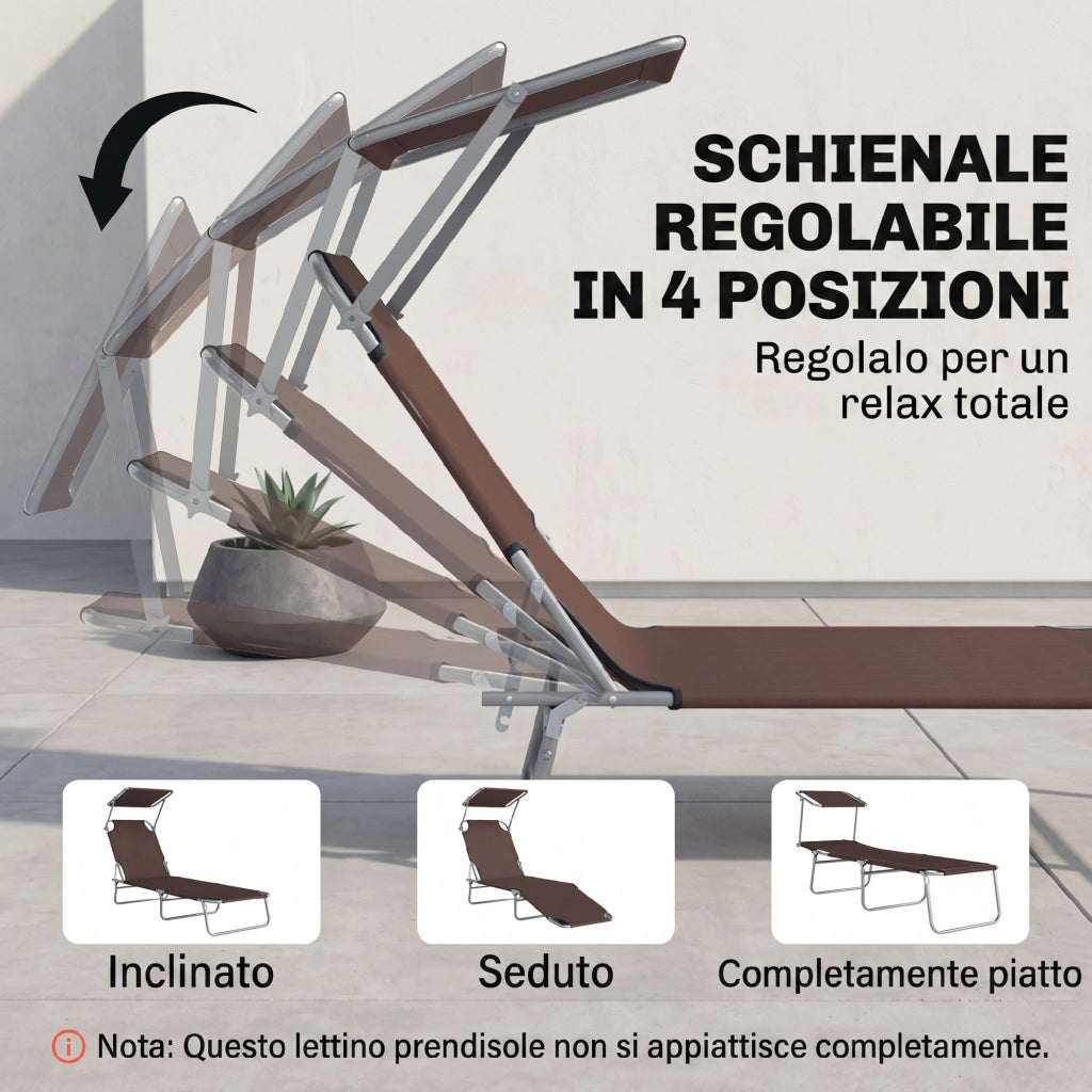 Lettino Prendisole da Giardino Pieghevole e Regolabile con Tettuccio in Tessuto Marrone, 187x58x50 cm