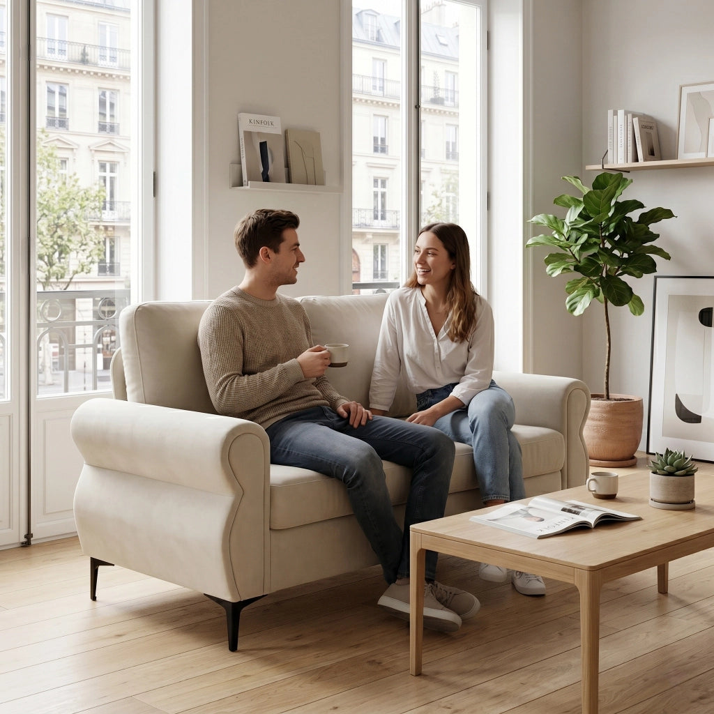 Divano lineare con seduta ergonomica e cuscini sfoderabili in tessuto bianco crema