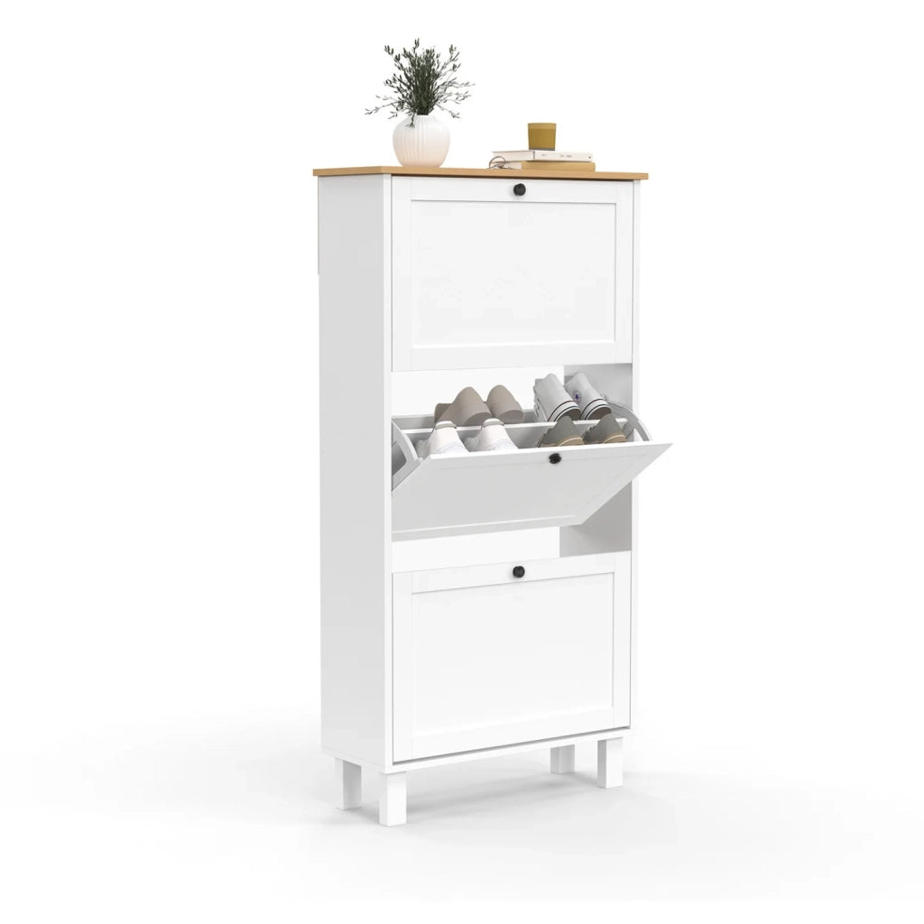 IDMarket - ACHILLE 18 paia di scarpiere bianche a 3 ante con ripiano in legno