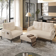 Set divano a 2 posti poltrona e pouf combinabili in velluto a coste beige con struttura in metallo e legno