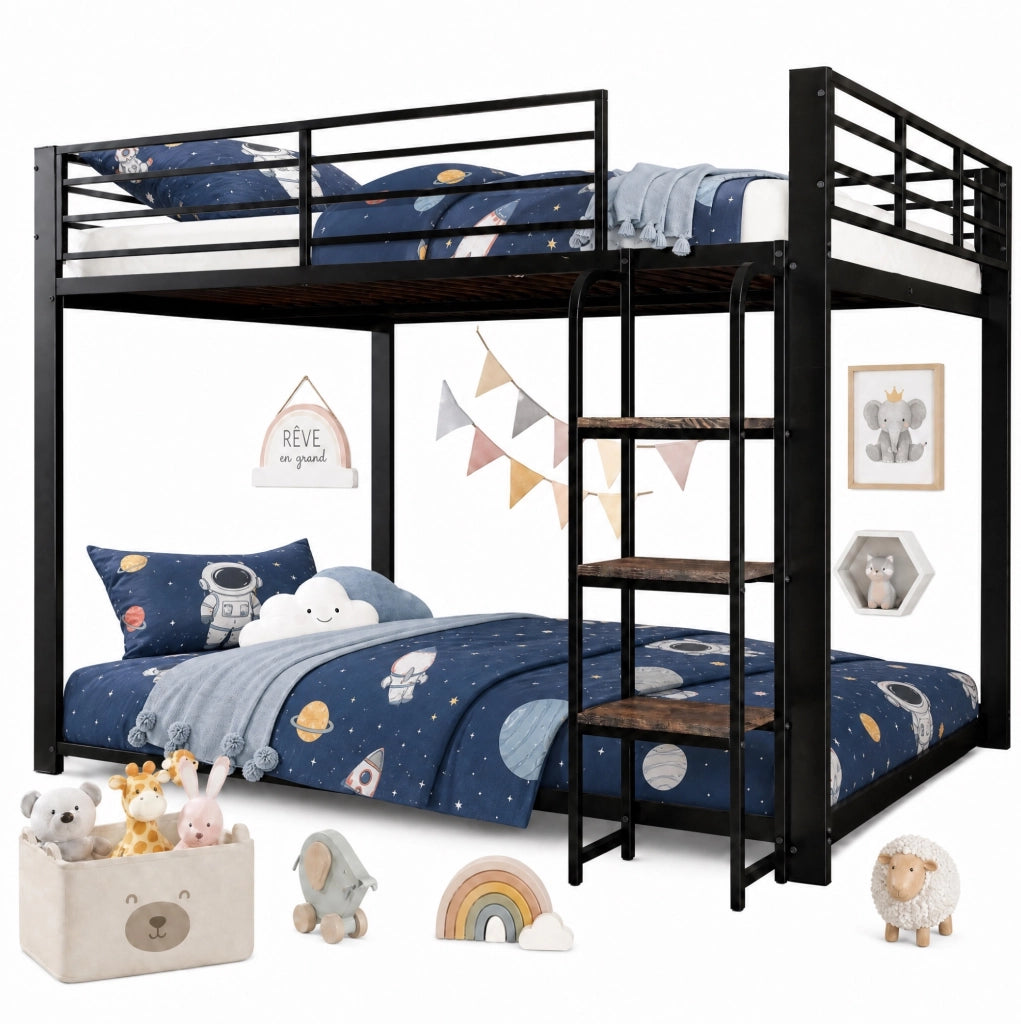 Letto a castello 140x200 cm in metallo con scaletta a gradini; nero
