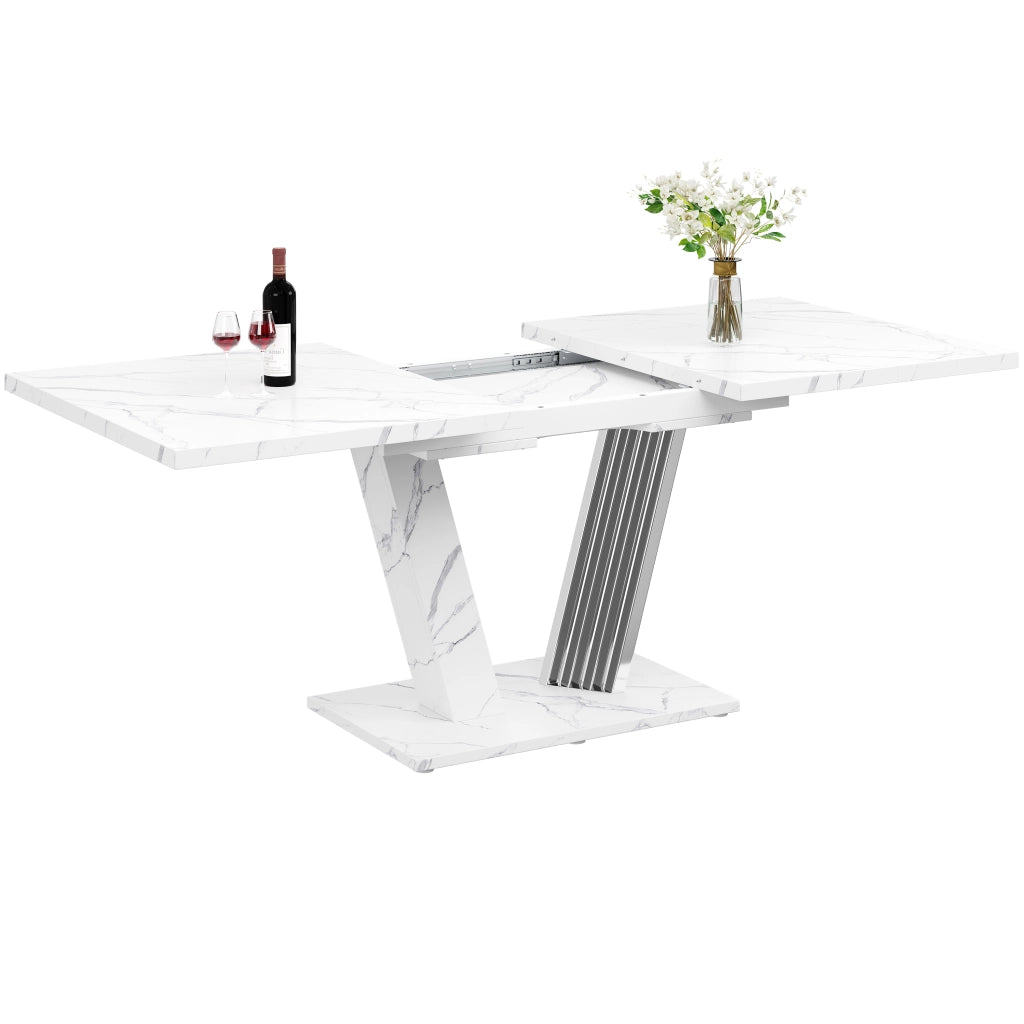 Tavolo allungabile con piano in mdf marmorizzato base a ali e piedi regolabili per cucina e soggiorno 120-160 × 80 × 76 cm