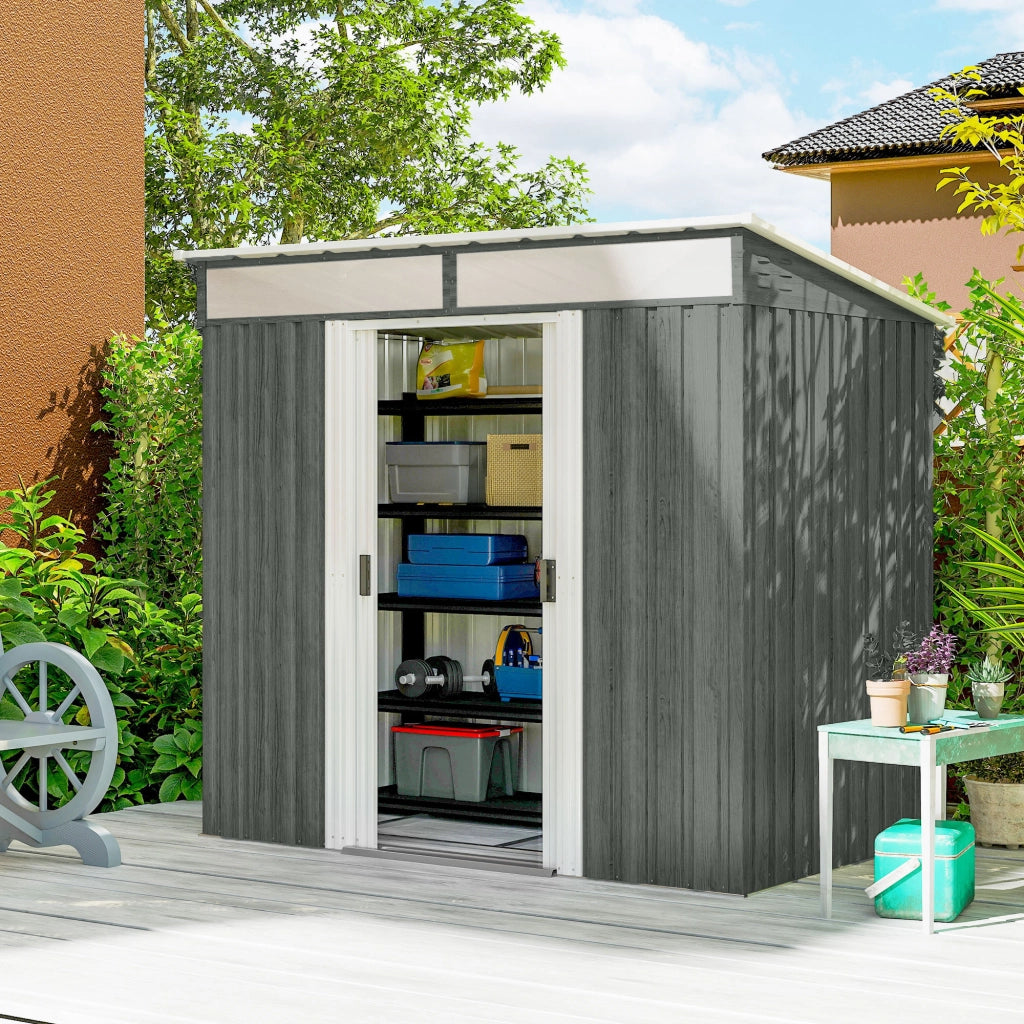 Casetta Box da Giardino 195x122x181,5 cm con Porte Scorrevoli e Pavimentazione in Acciaio Grigio Chiaro