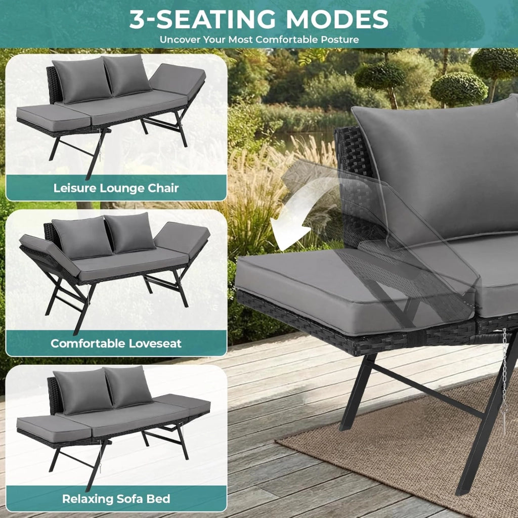 Divano Esterno Giardino in Polyrattan con Funzione Reclinabile, Divanetto da Esterno 2 Posti,Mobili da Giardino in Rattan,Divano in Polyrattan con Braccioli Regolabili,per Giardino,Terrazza (Nero)