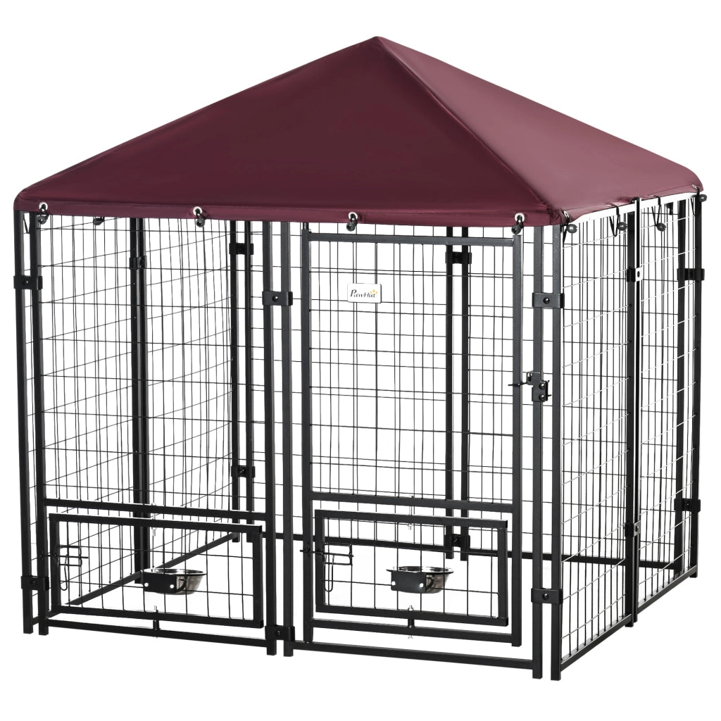 Recinto per Cani da Esterno ¨C Zephmum ¨C Nero e Rosso in Acciaio con Copertura