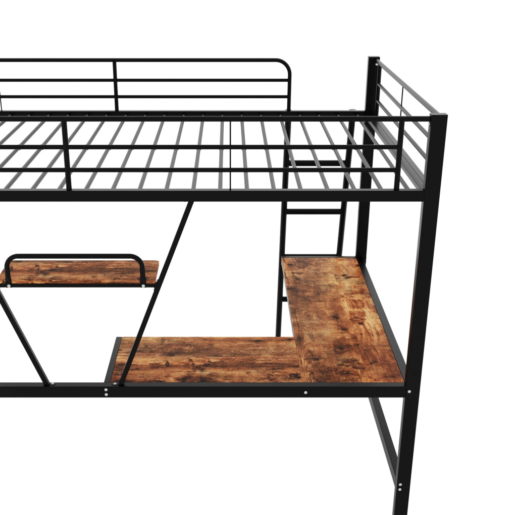 Letto a soppalco 90x200 cm con scrivania a L e mensola; metallo e MDF; nero