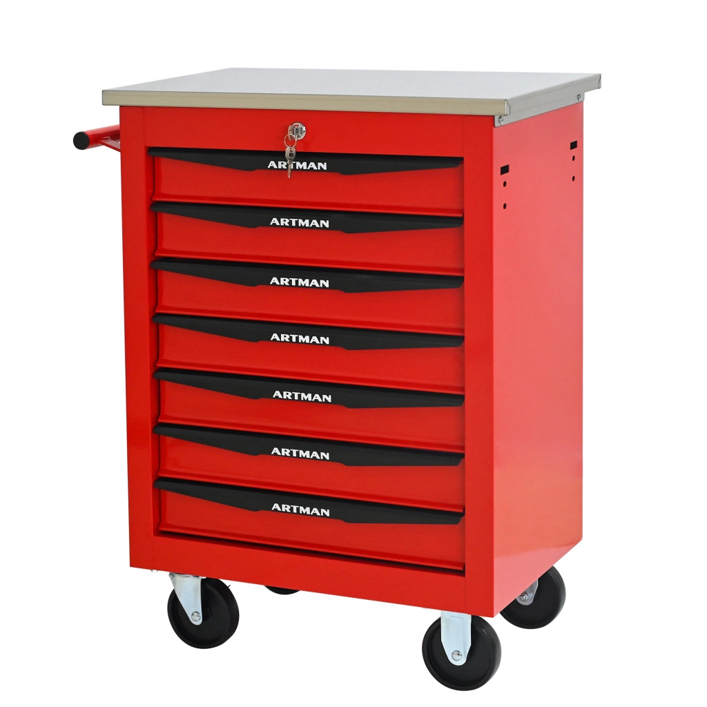 Mobile contenitore portautensili con 7 cassetti e ruote, chiusura a chiave, in acciaio, rosso nero, 62,5 × 34,5 × 78 cm
