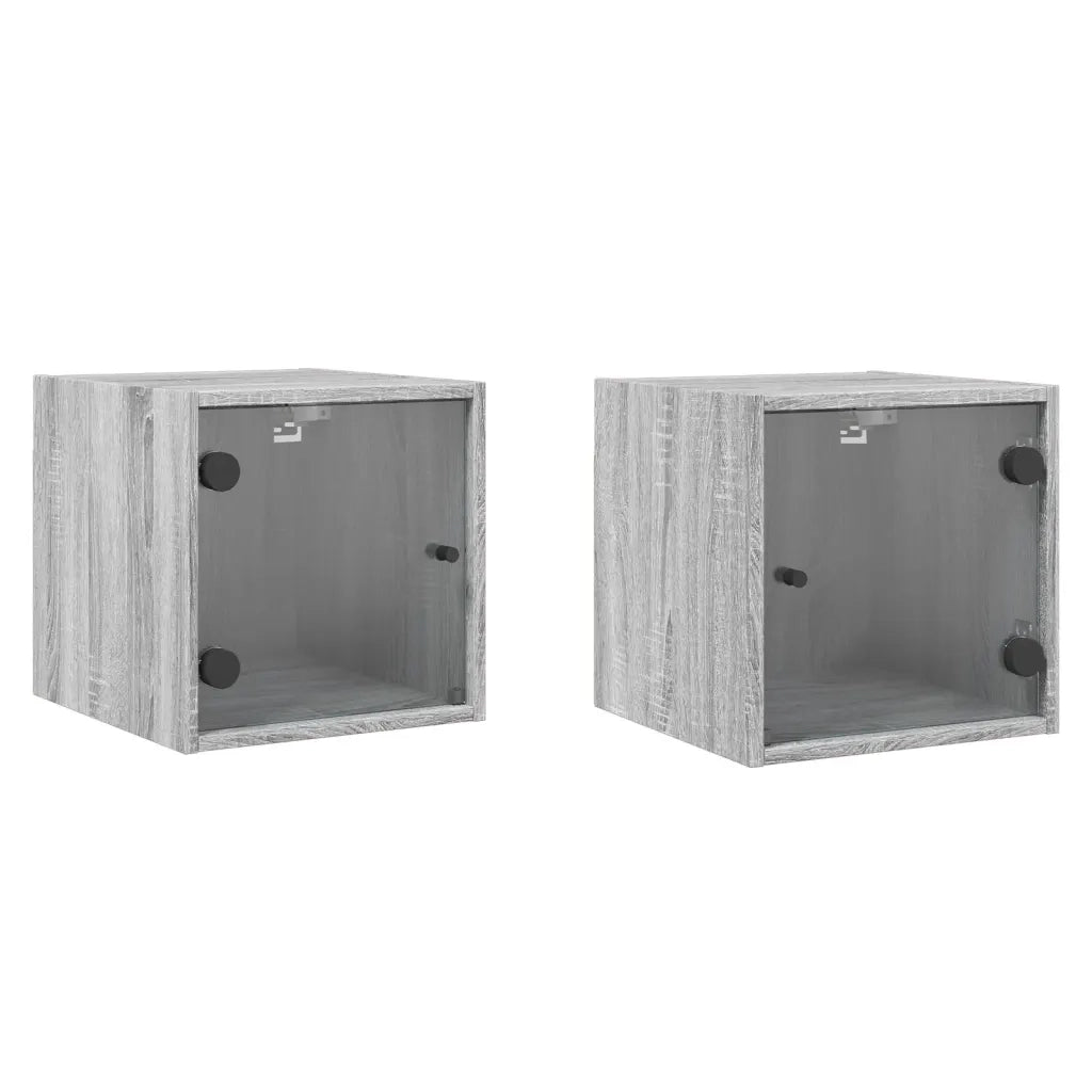 Set di 2 Comodini | Armadio da Notte | Mobiletto da notte con Ante in Vetro Grigio Sonoma 35x37x35 cm