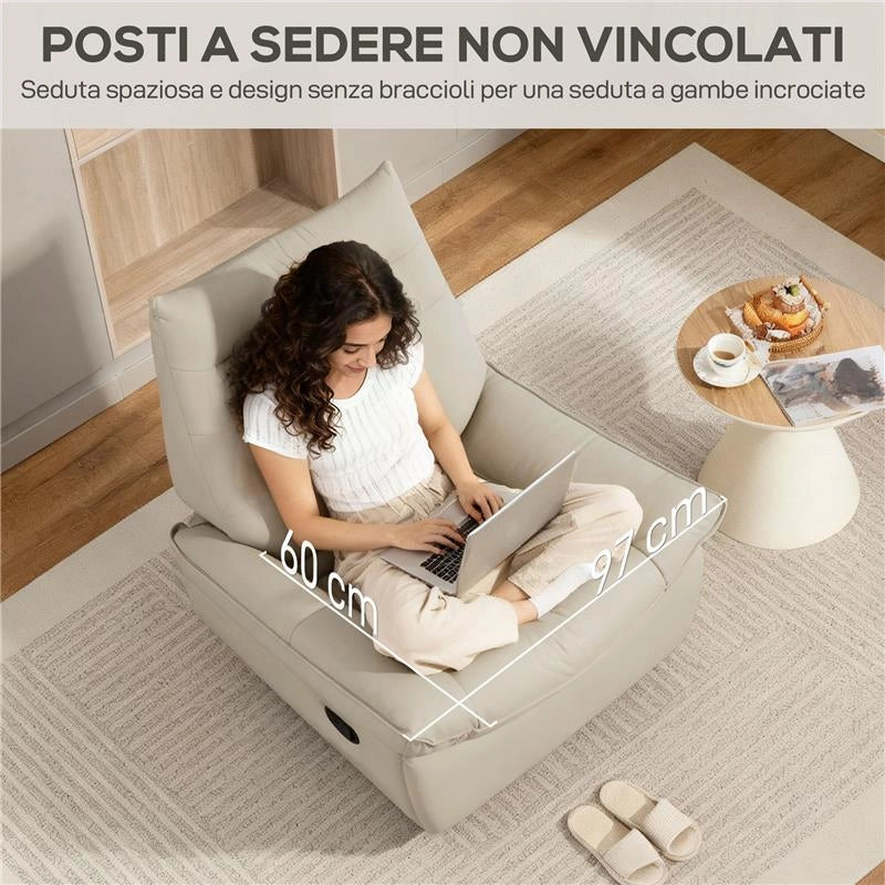 POLTRONA RELAX RECLINABILE MANUALMENTE CON POGGIAPIEDI E BASE GIREVOLE SENZA BRACCIOLI, CREMA