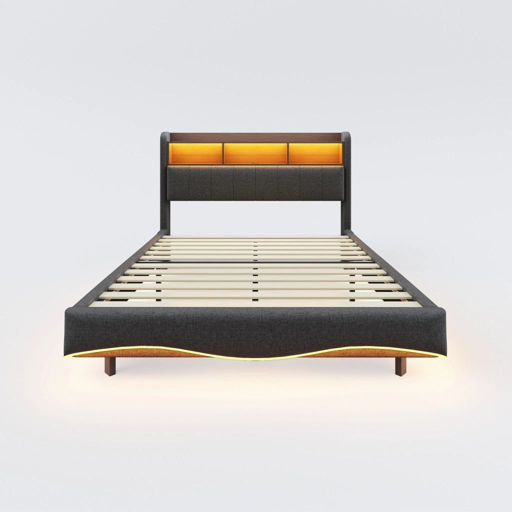 Letto imbottito 140x200 cm sospeso con LED, USB e Type-C grigio