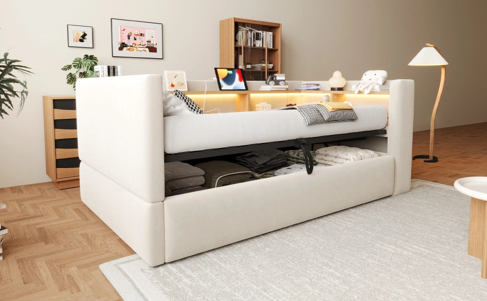 Letto imbottito trasformabile 90x190 cm con contenitore idraulico, LED, prese e rivestimento beige