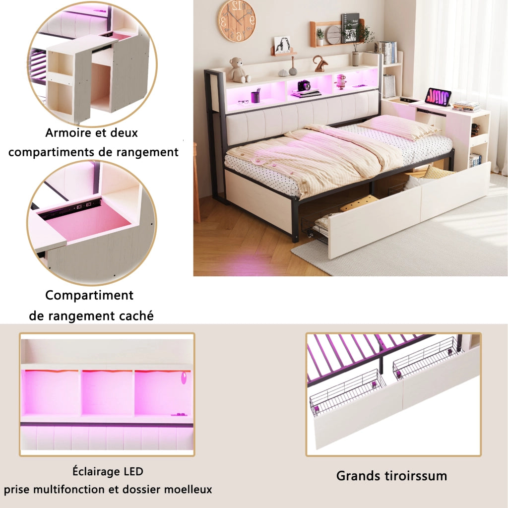Letto singolo 90×200 cm con cassetti; scrivania estraibile e prese integrate; senza materasso; bianco