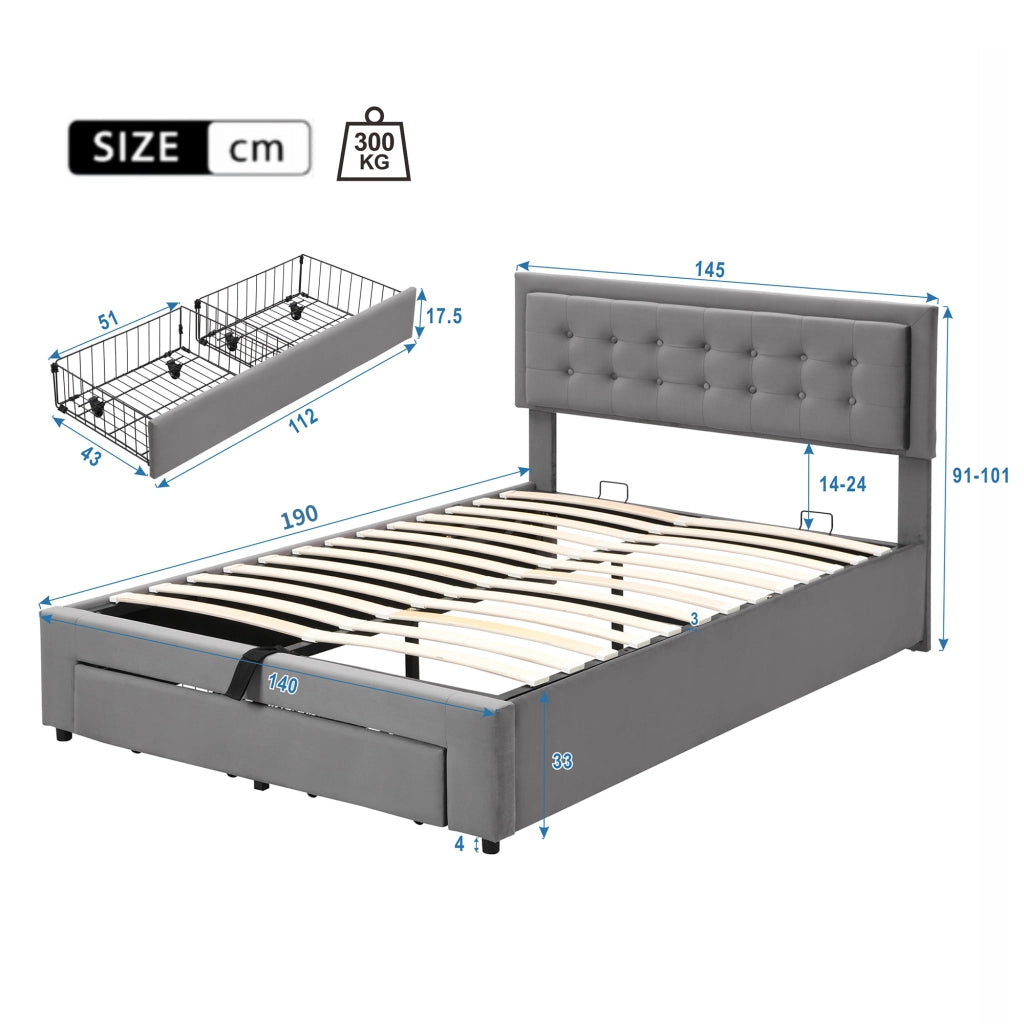OKWISH Letto Contenitore 140×190 cm, Letto Matrimoniale con Contenitore, 2 Cassetti e Testiera Regolabile, senza Materasso, in Velluto, Grigio