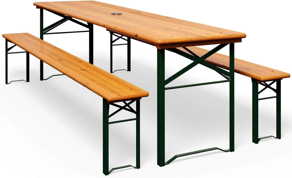 Set da Birreria Pieghevole 170cm Tavolo (170x46x75cm) con Foro Ombrellone 2x Panche in Legno (170x23x46cm) Party Sagra Festa Evento Giardino