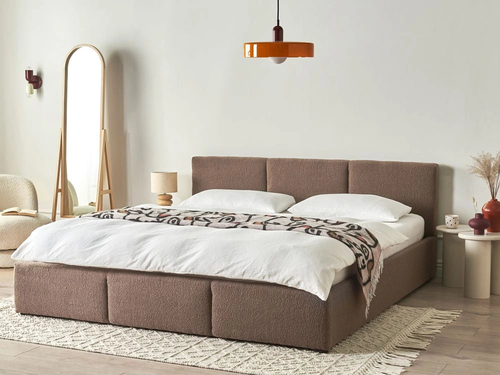 Letto matrimoniale in tessuto bouclè bianco sporco con contenitore 180 x 200 cm Testiera Rivestita Funzione Contenitore