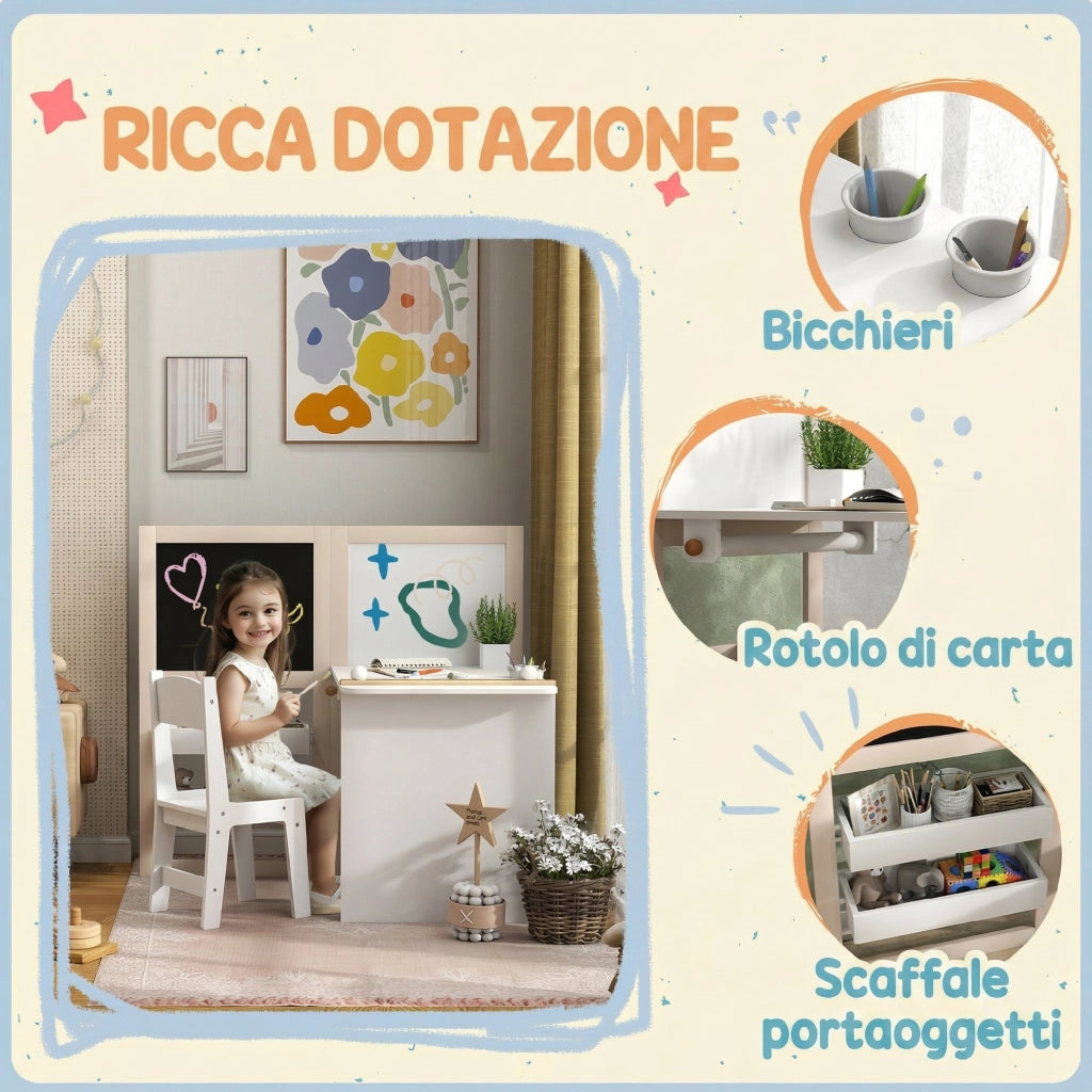 Set Tavolo e Sedia per Bambini 3-8 Anni con Lavagna Nera, Lavagna Bianca, Contenitori e Rotolo di Carta, Bianco