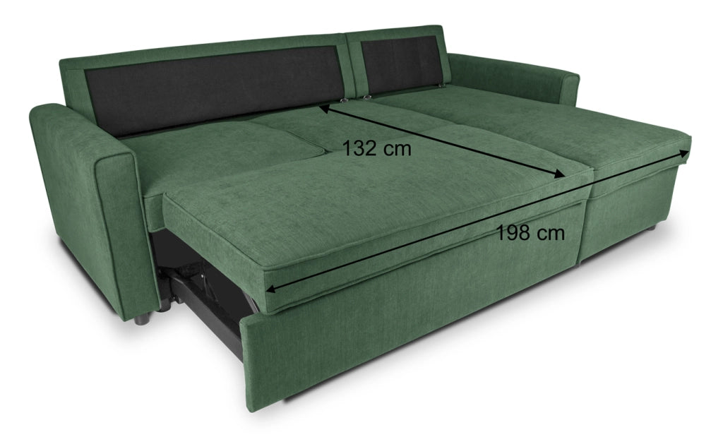 Divano letto angolare con contenitore, divano con chaise longue verde abete - Kennedy - DL-KE38CL