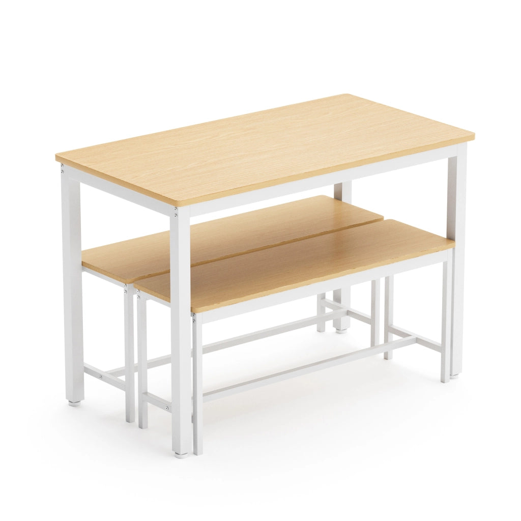 Tavolo da pranzo per 4 persone con 2 panche, stile industriale, per cucina, in truciolare e acciaio, naturale e bianco, 110 × 60 × 75 cm